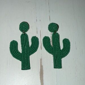 Green Beaded Cactus Earrings